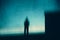 A mysterious blurred, hooded figure, silhouetted against the sky. With a grunge, abstract edit