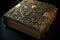 a mysterious book, with intricate carvings and gold-leafed pages.