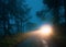 Mysterious car headlights glowing on a moody forest road. On an eerie foggy winters evening