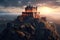 Mysterious castle. An imposing medieval castle set in fantasy landscapes on a mountain top. Generative AI