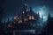 Mysterious castle at rainy night. An imposing medieval castle set in fantasy landscapes or on a mountain top. Generative AI