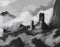 Mysterious castle on a rocky and foggy mountain top - digital fantasy landscape painting