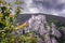 Mysterious castle ruin on the rocky mountain. Strecno castle in Mala Fatra national park, Slovakia. Picturesque medieval