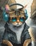 Mysterious cat roaming the city streets sitting in the rain,Cool cat in headphones and sunglasses listens to music