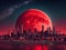 a mysterious city with a big red moon