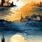 Mysterious city and nature scene at sunset with vibrant colors (tiled
