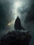 A mysterious cloaked figure standing atop a foggy cliff lightning striking behind them. Gothic art. AI generation