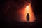 Mysterious cloaked figure standing at the entrance of a hidden cave. Generative AI