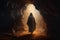 Mysterious cloaked figure standing at the entrance of a hidden cave. Generative AI