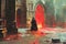Mysterious Cloaked Figure Standing in a Gothic Cathedral with Red Illuminated Archway, Surreal Fantasy Artwork