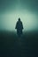 mysterious cloaked person walking down a fantasy misty path. medieval fantasy concept.