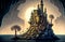 Mysterious cute cartoon castle illustration, dark fantasy, fairytale town on a rock island