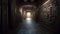 Mysterious dark corridor with arches and doors. 3D rendering