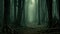 Mysterious dark forest with fog in the morning. Halloween concept, A dark forest with numerous trees covered in fog, AI Generated