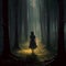 Mysterious dark forest with a young woman in a long dress. Young woman standing in the dark forest with foggy background, digital