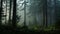 Mysterious Dense Forest Shrouded in Early Morning Fog with Towering Trees Reaching Skyward