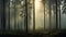 Mysterious Dense Forest Shrouded in Early Morning Fog with Towering Trees Reaching Skyward