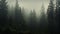 Mysterious Dense Forest Shrouded in Early Morning Fog with Towering Trees Reaching Skyward