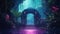 Mysterious door in the jungle. Neon colored scene with magic portal in the woods. Magic gate