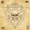 Mysterious drawing: horned skull, sacred geometry, space symbols.