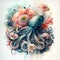 The mysterious and elusive octopus is brought to life in a stunning watercolor