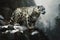 A mysterious and elusive Snow Leopard prowling through the mountains showing off its mysterious and elusive nature. Generative AI