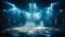 Mysterious empty stage with dramatic blue lights and smoke, spotlight on the shiny floor, ready for performance or presentation in