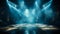 Mysterious empty stage with dramatic blue lights and smoke spotlight on the shiny floor ready for performance or presentation in
