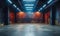 Mysterious empty warehouse interior with dim lighting and fluorescent lamps highlighting the spacious industrial atmosphere