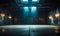 Mysterious empty warehouse interior with dim lighting and fluorescent lamps highlighting the spacious industrial atmosphere