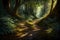 A mysterious and enchanting portrayal of a lost black trail in a dense forest, the perfect lighting