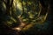 A mysterious and enchanting portrayal of a lost black trail in a dense forest, the perfect lighting