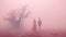 Mysterious Encounter: Two Figures Emerging From Pink Fog