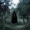 Mysterious entity in forest wearing black cloak and head cover in digital painting illustration