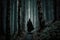 mysterious figure, cloaked in black, walking along trail through eerie forest