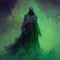 mysterious figure cloaked in a deep purple robe surrounded by an eerie green mist, fantasy art, AI generation
