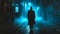 Mysterious Figure in a Foggy Alley at Night. Suspense and Noir Style Image. Ideal for Thriller Book Covers and Cinematic
