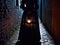 Mysterious figure holding glowing hourglass in alleyway