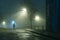 A mysterious figure standing by a city street light on a moody,  foggy atmospheric winters night