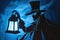 A mysterious figure in a top hat and cloak, holding a vintage lantern in the dark