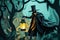 A mysterious figure in a top hat and cloak, holding a vintage lantern in the dark