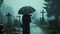 Mysterious figure with umbrella at foggy cemetery. Contemplative mood in a tranquil setting. Evocative, serene gravesite