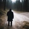 Mysterious figure is walking down a foggy path in the forest - AI Generated