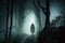 mysterious figure wandering through dark and misty forest trail