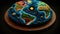 Mysterious Flat Earth Illuminated by a Dim Light on a Black Background in Claymation Style, Made with Generative AI