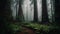 Mysterious fog shrouds tranquil forest path ahead generated by AI
