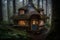 mysterious forest with a small hut, and light shining through its windows. Generative AI