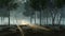 Mysterious forest swamp at misty night or dusk 3D