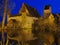 Mysterious fortress at lake, night scene of historic German town