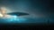 Mysterious futuristic UFO lands on a field during starry night above the forest and many clouds. Universe fantasy